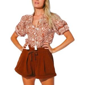 Cleobella Adele Floral Puff Sleeve Blouse, Anila Block Print, Tassels, Size S